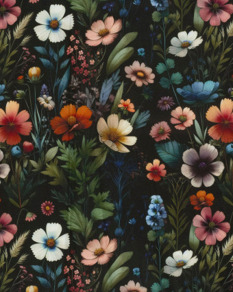 Tissu Coton Epais Panama Noir Imprimé Numérique Fleuri - Mercerine
