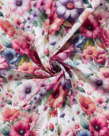 Tissu Coton Epais Panama Imprimé Numérique Fleuri Rose et Lilas - Mercerine