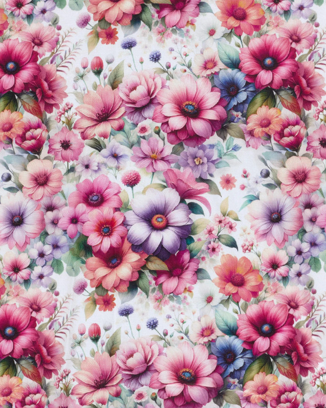 Tissu Coton Epais Panama Imprimé Numérique Fleuri Rose et Lilas - Mercerine
