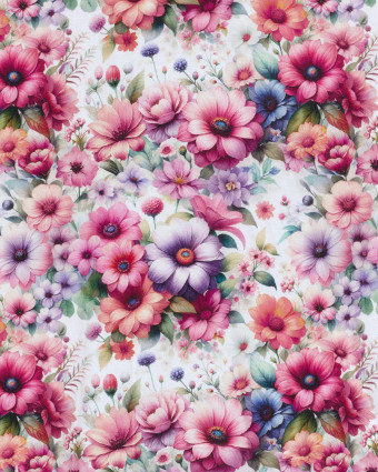 Tissu Coton Epais Panama Imprimé Numérique Fleuri Rose et Lilas - Mercerine