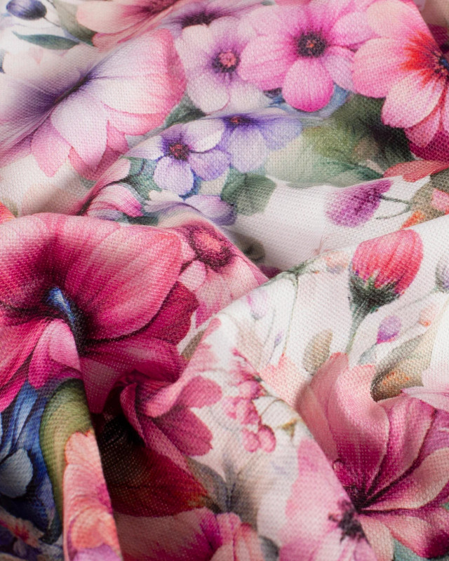 Tissu Coton Epais Panama Imprimé Numérique Fleuri Rose et Lilas - Mercerine