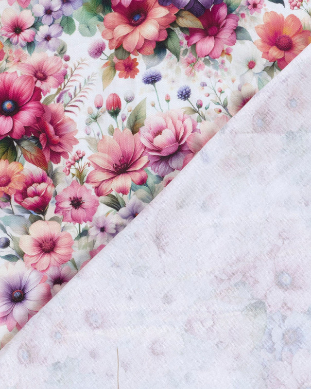 Tissu Coton Epais Panama Imprimé Numérique Fleuri Rose et Lilas - Mercerine