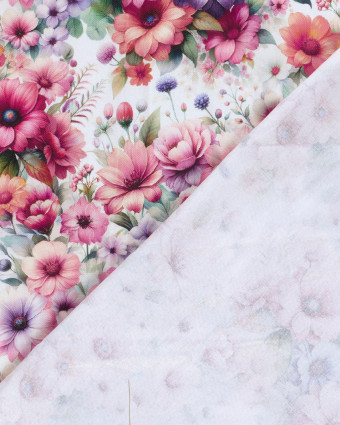 Tissu Coton Epais Panama Imprimé Numérique Fleuri Rose et Lilas - Mercerine