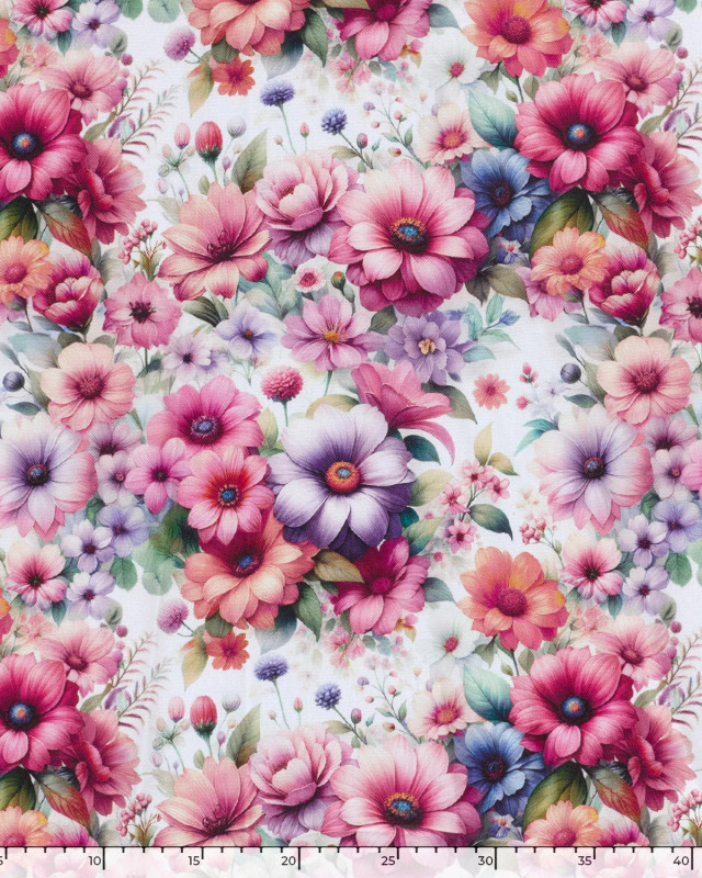 Tissu Coton Epais Panama Imprimé Numérique Fleuri Rose et Lilas - Mercerine