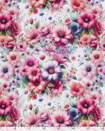 Tissu Coton Epais Panama Imprimé Numérique Fleuri Rose et Lilas - Mercerine
