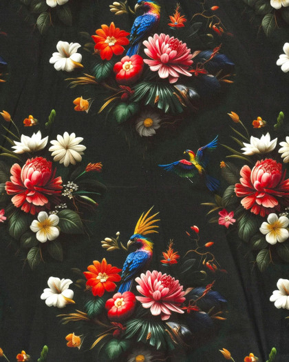 Tissu Coton Epais Panama Vers Foncé Imprimé Numérique Fleuri - Mercerine