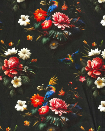Tissu Coton Epais Panama Vers Foncé Imprimé Numérique Fleuri - Mercerine