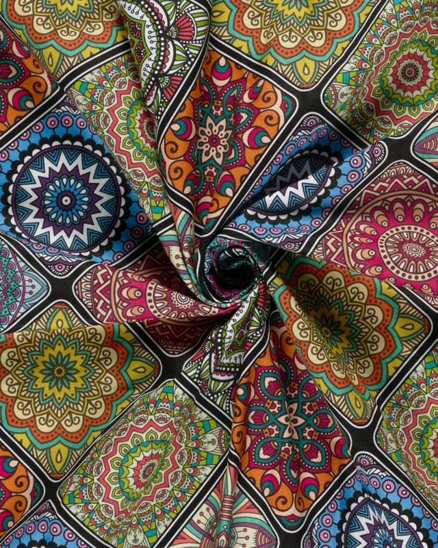Tissu Coton Epais Panama Imprimé Numérique Mandalas Multicolores - Mercerine