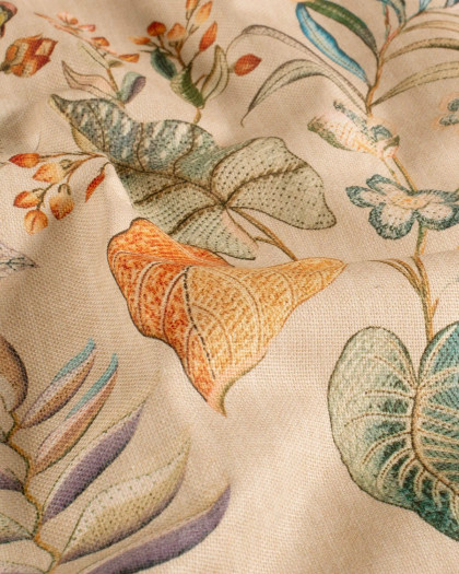 Tissu Coton Epais Panama Beige Imprimé Numérique Fleuri - Mercerine