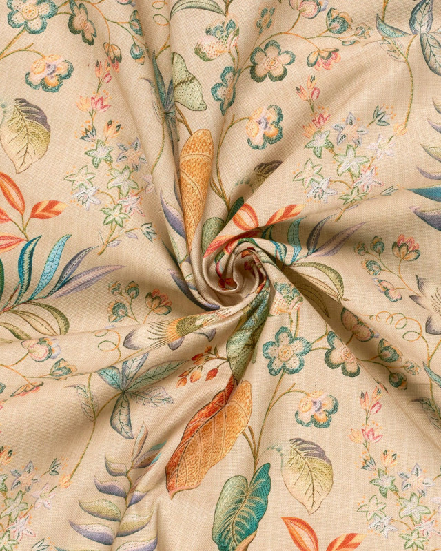 Tissu Coton Epais Panama Beige Imprimé Numérique Fleuri - Mercerine