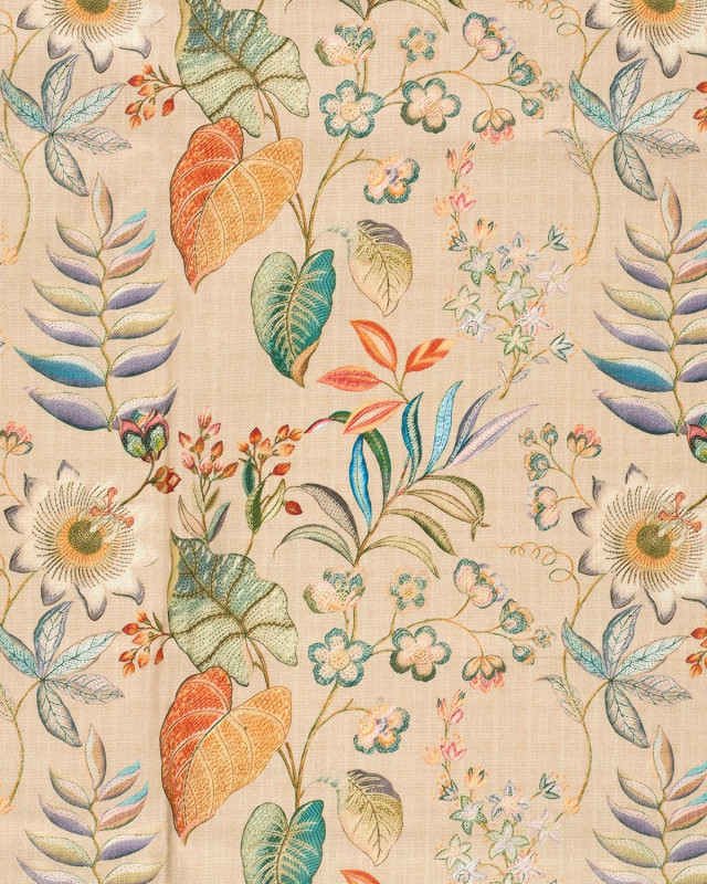 Tissu Coton Epais Panama Beige Imprimé Numérique Fleuri - Mercerine