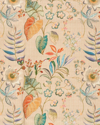 Tissu Coton Epais Panama Beige Imprimé Numérique Fleuri - Mercerine