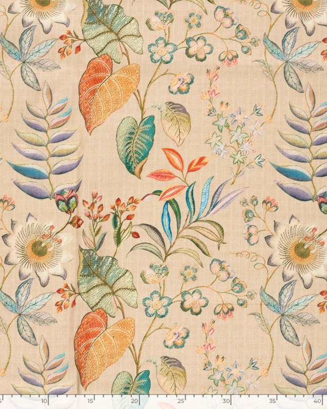 Tissu Coton Epais Panama Beige Imprimé Numérique Fleuri - Mercerine