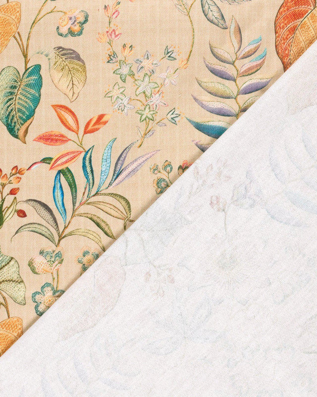 Tissu Coton Epais Panama Beige Imprimé Numérique Fleuri - Mercerine