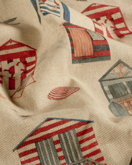 Tissu Effet Lin Imprimé Numérique Cabanes de Plage - Mercerine