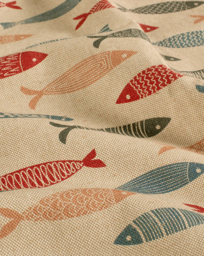 Tissu Effet Lin Imprimé Numérique Poissons Multicolores - Mercerine