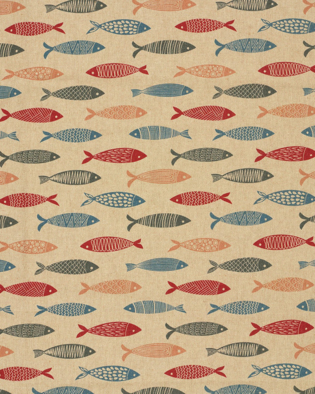 Tissu Effet Lin Imprimé Numérique Poissons Multicolores - Mercerine