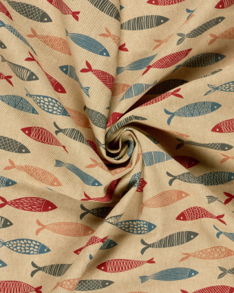 Tissu Effet Lin Imprimé Numérique Poissons Multicolores - Mercerine