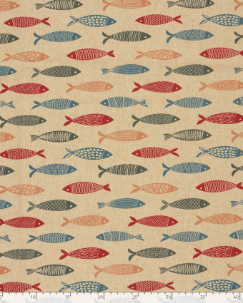 Tissu Effet Lin Imprimé Numérique Poissons Multicolores - Mercerine