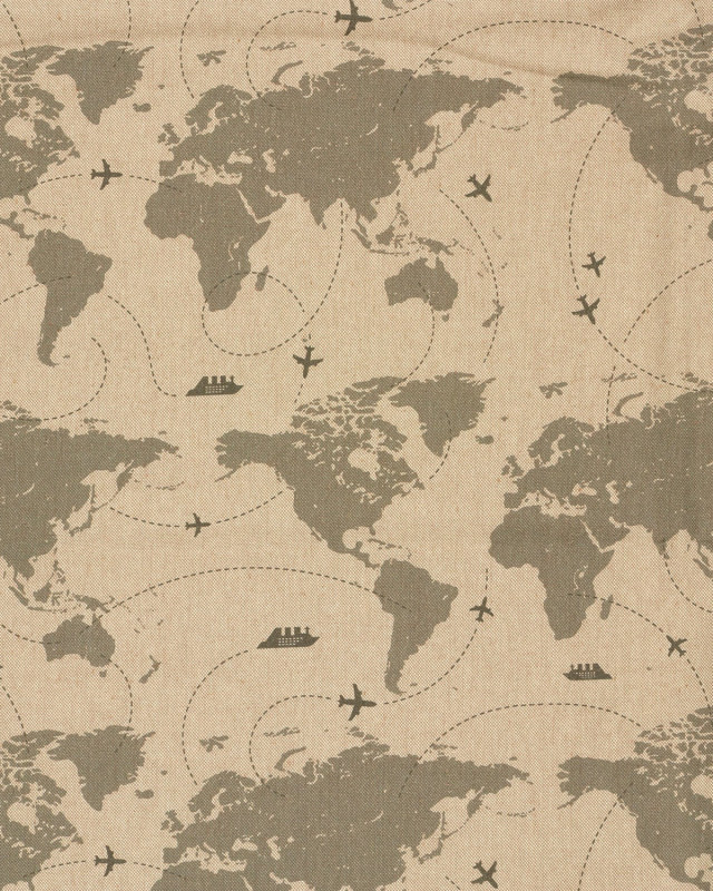 Tissu Effet Lin Imprimé Numérique Carte du Monde - Mercerine