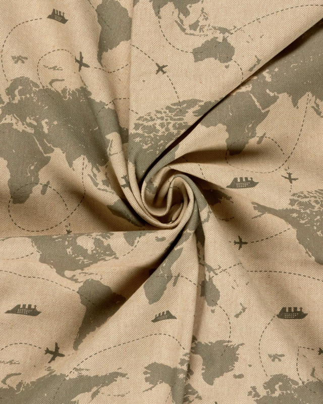 Tissu Effet Lin Imprimé Numérique Carte du Monde - Mercerine