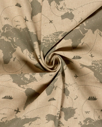 Tissu Effet Lin Imprimé Numérique Carte du Monde - Mercerine