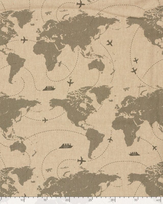 Tissu Effet Lin Imprimé Numérique Carte du Monde - Mercerine
