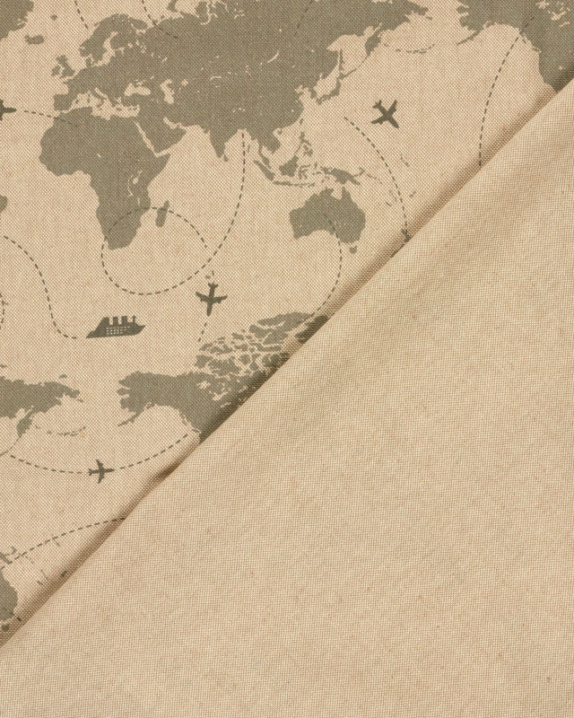 Tissu Effet Lin Imprimé Numérique Carte du Monde - Mercerine