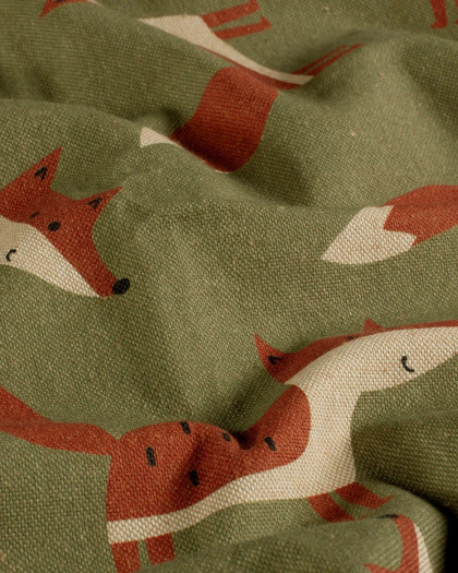Tissu Effet Lin Vert Imprimé Numérique Renard - Mercerine