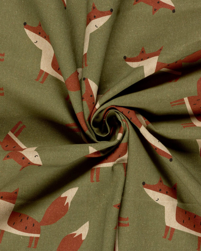 Tissu Effet Lin Vert Imprimé Numérique Renard - Mercerine