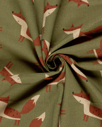 Tissu Effet Lin Vert Imprimé Numérique Renard - Mercerine