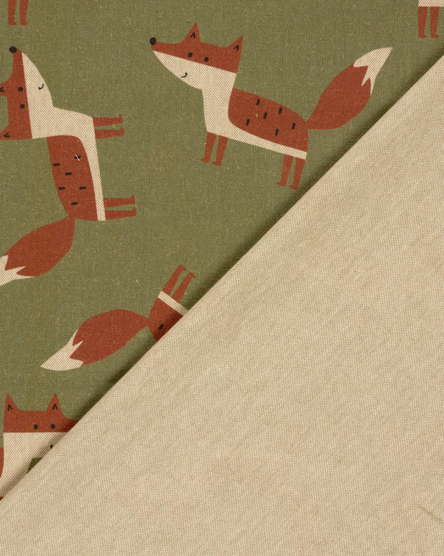 Tissu Effet Lin Vert Imprimé Numérique Renard - Mercerine