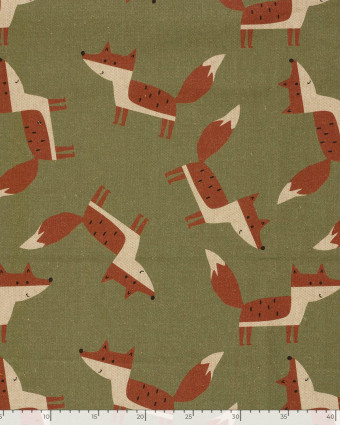 Tissu Effet Lin Vert Imprimé Numérique Renard - Mercerine