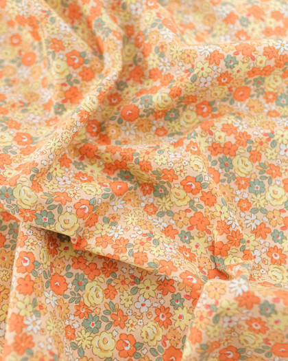 Popeline de Coton Motif Fleuri Orange  - Mercerine