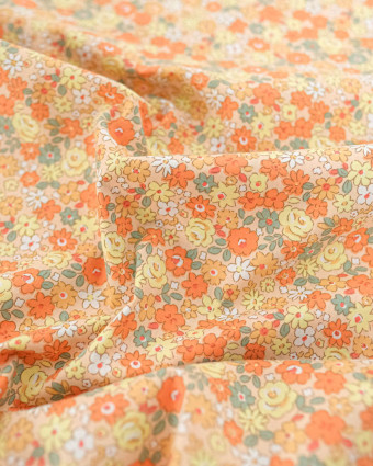 Popeline de Coton Motif Fleuri Orange  - Mercerine
