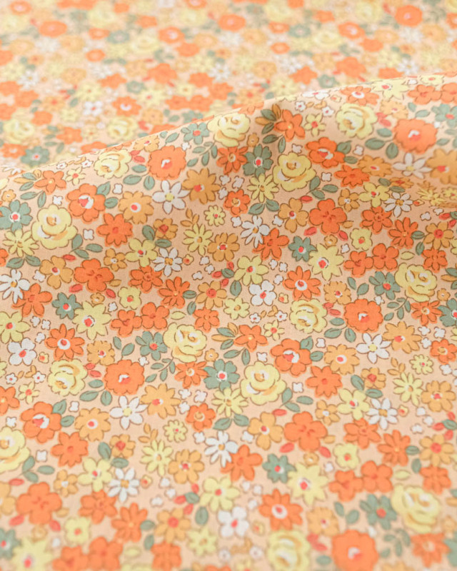Popeline de Coton Motif Fleuri Orange  - Mercerine