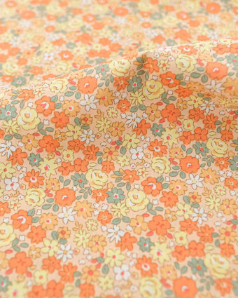 Popeline de Coton Motif Fleuri Orange  - Mercerine