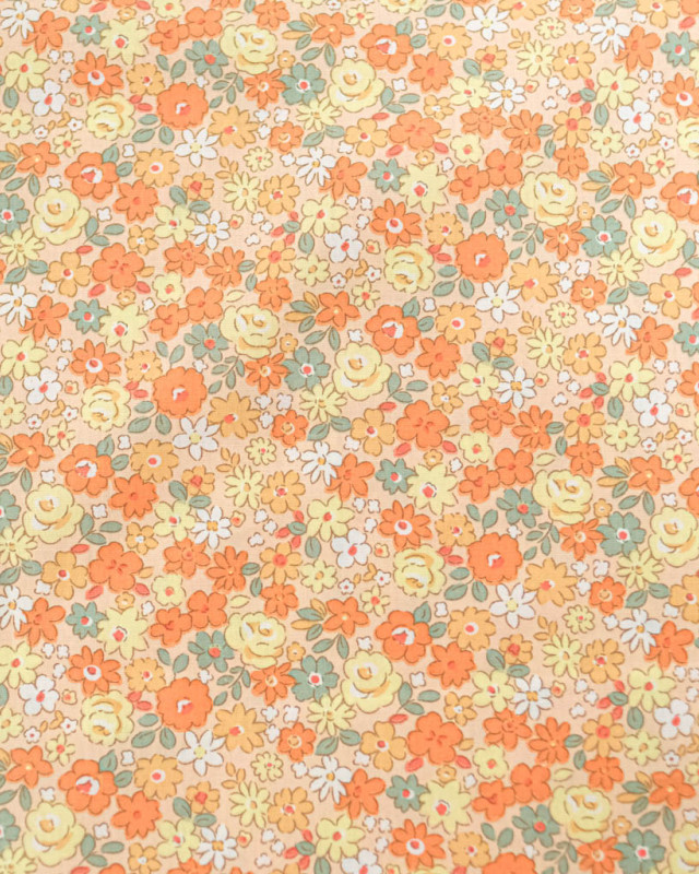 Popeline de Coton Motif Fleuri Orange  - Mercerine