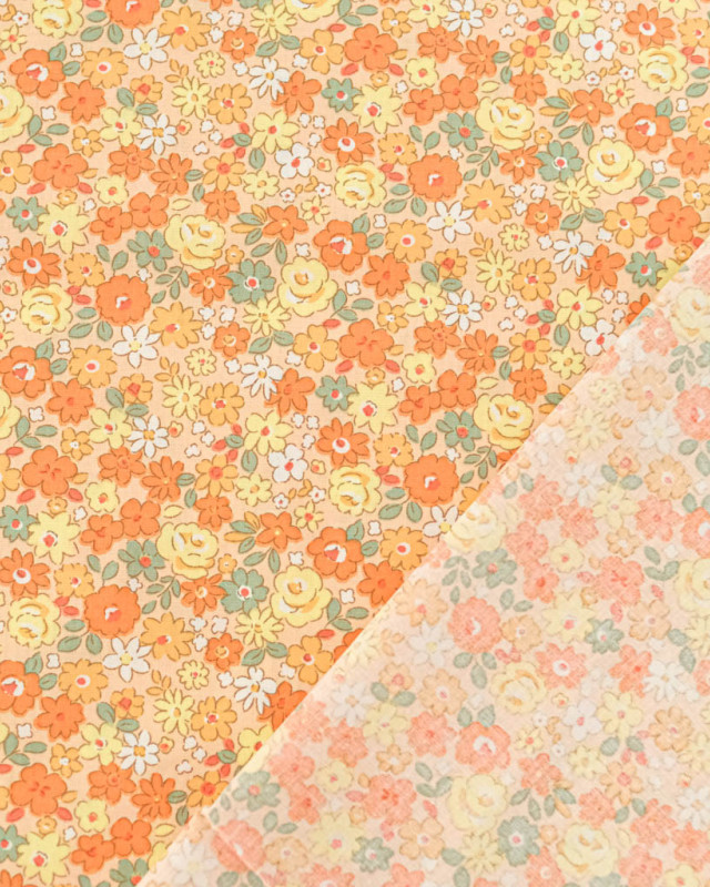 Popeline de Coton Motif Fleuri Orange  - Mercerine