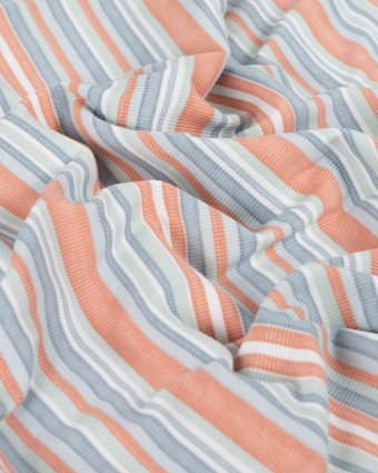 Tissu Jersey Côtelé à Rayures Bleu et Saumon - Mercerine
