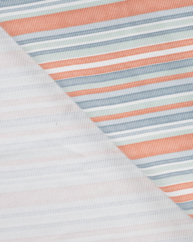 Tissu Jersey Côtelé à Rayures Bleu et Saumon - Mercerine