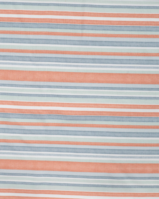 Tissu Jersey Côtelé à Rayures Bleu et Saumon - Mercerine