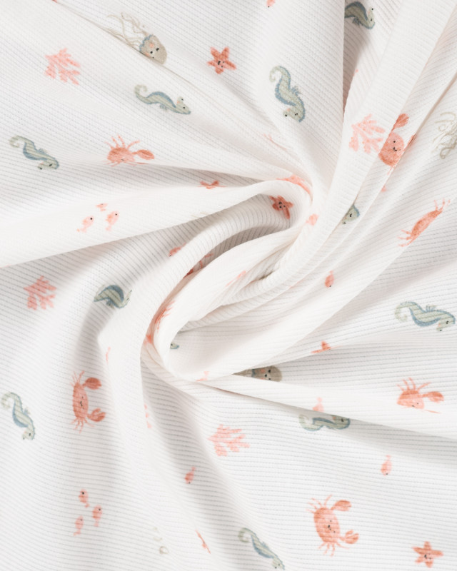 Tissu Jersey Côtelé Ecru Petits Crabes  - Mercerine