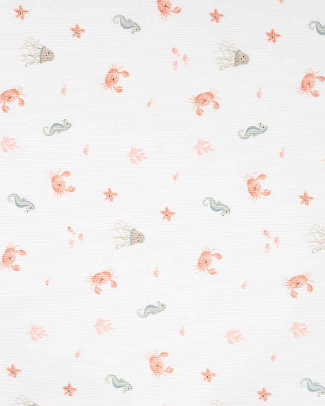 Tissu Jersey Côtelé Ecru Petits Crabes  - Mercerine