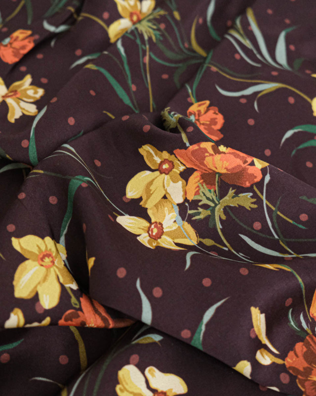 Tissu Liberty Fabrics@ Viscose Ecovero Bickington Poppy & Daffodil Prune - Mercerine