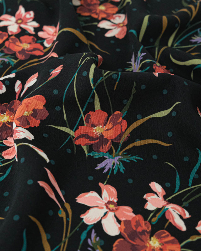 Tissu Liberty Fabrics@ Viscose Weymouth Poppy & Daffodil Noir - Mercerine