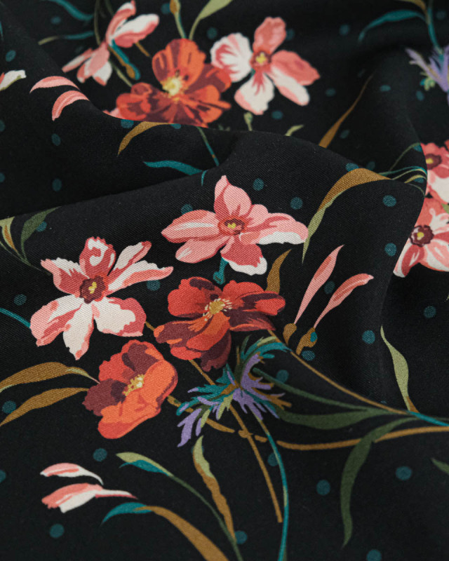 Tissu Liberty Fabrics@ Viscose Weymouth Poppy & Daffodil Noir - Mercerine
