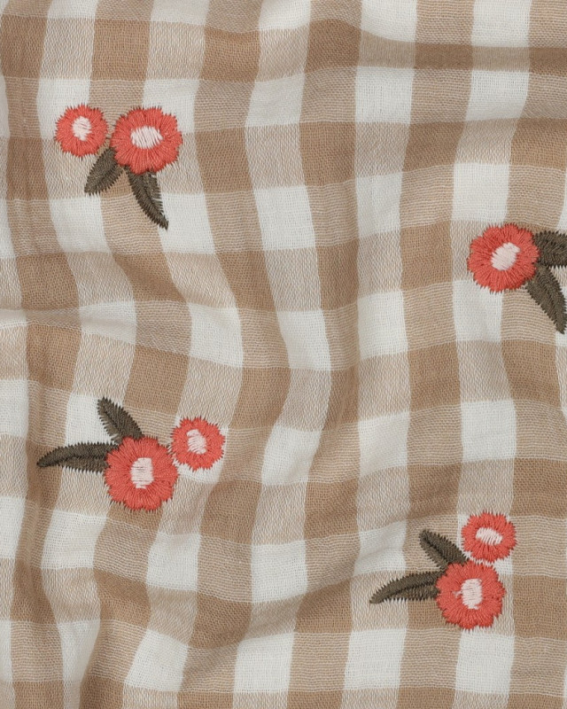 Tissu Double Gaze Motif Vichy Taupe Fleurs Brodées - Mercerine