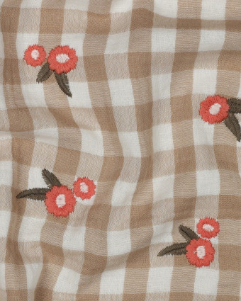 Tissu Double Gaze Motif Vichy Taupe Fleurs Brodées - Mercerine