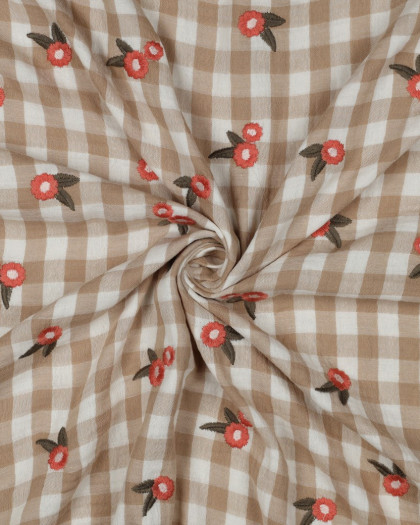 Tissu Double Gaze Motif Vichy Taupe Fleurs Brodées